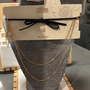 Gold and Black Choker Necklace with Pearl by